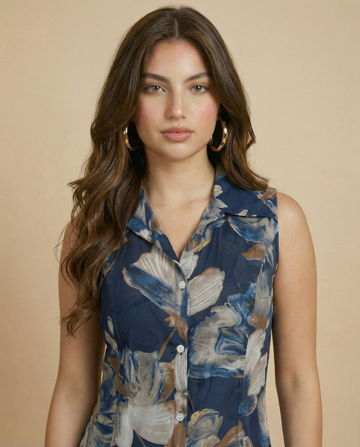 Navy Printed Viscose Blended Midi Dress