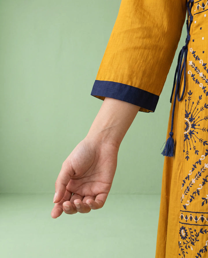 Yellow Embroidered Rayon Straight cut Long Kurta