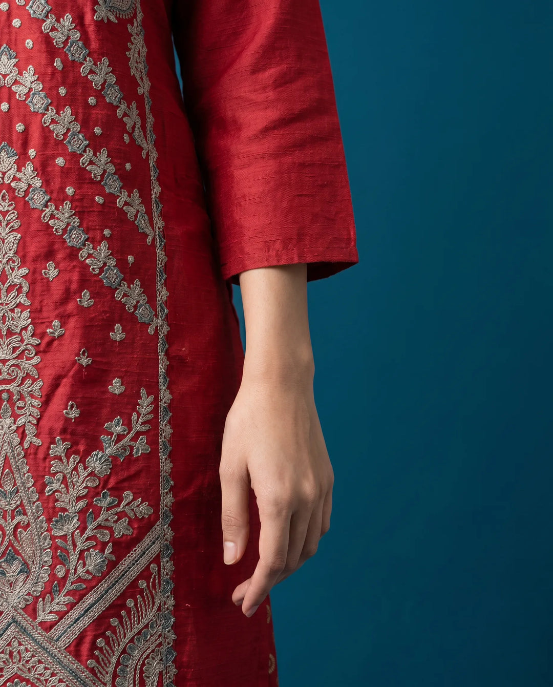 Red Embriodered Silk Blended Maxi Dress