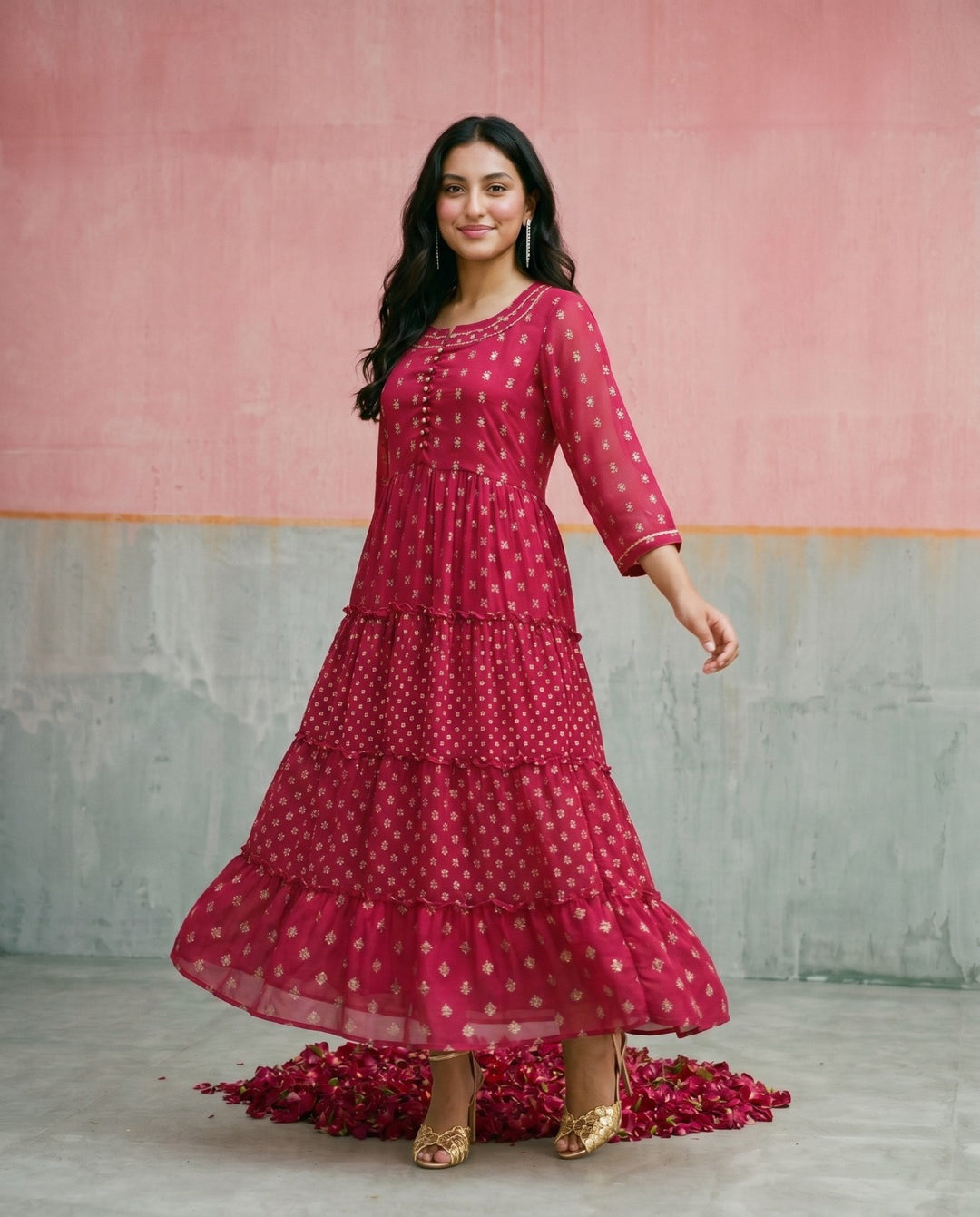 Pink Printed Georgette Maxi Dress