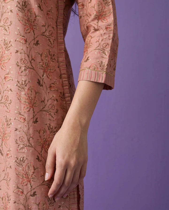 Peach Printed Viscose Blended Straight cut Long Kurta