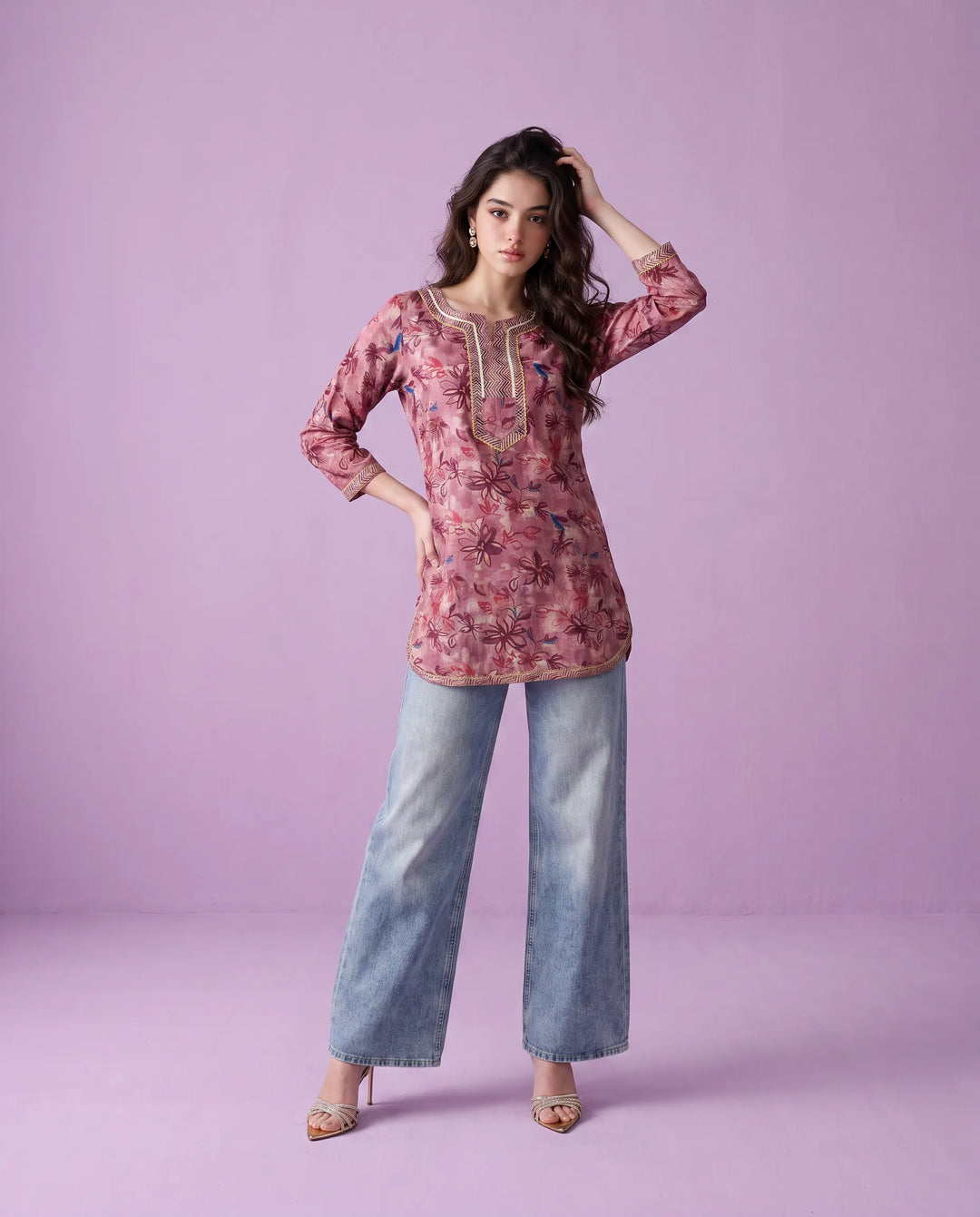 Violet Printed Viscose Blended Short Kurti