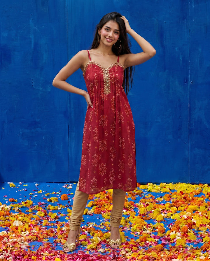 Magenta Embroidered Viscose Blended Spaghetti Strap A-Line Cut Long Kurta