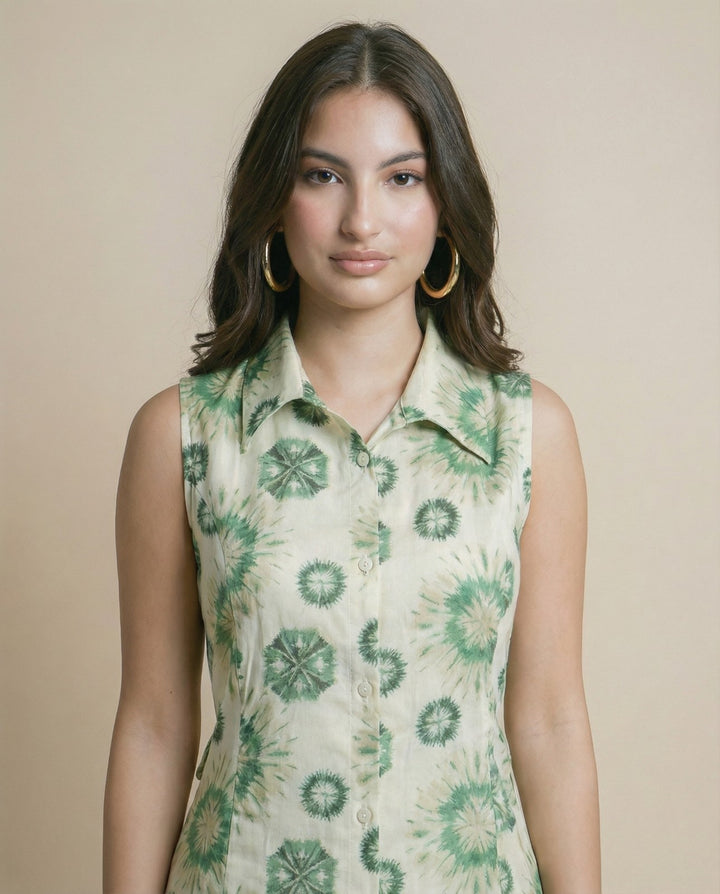 White and Green Printed Linen Blended Midi Dress