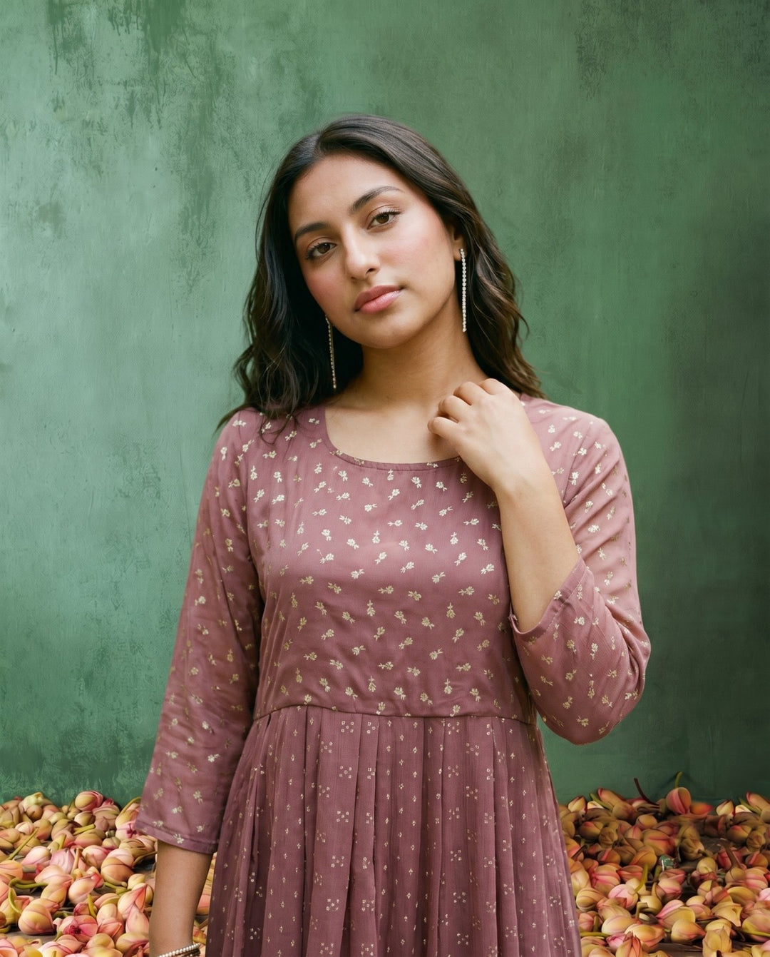 Peach Printed Georgette Maxi Dress