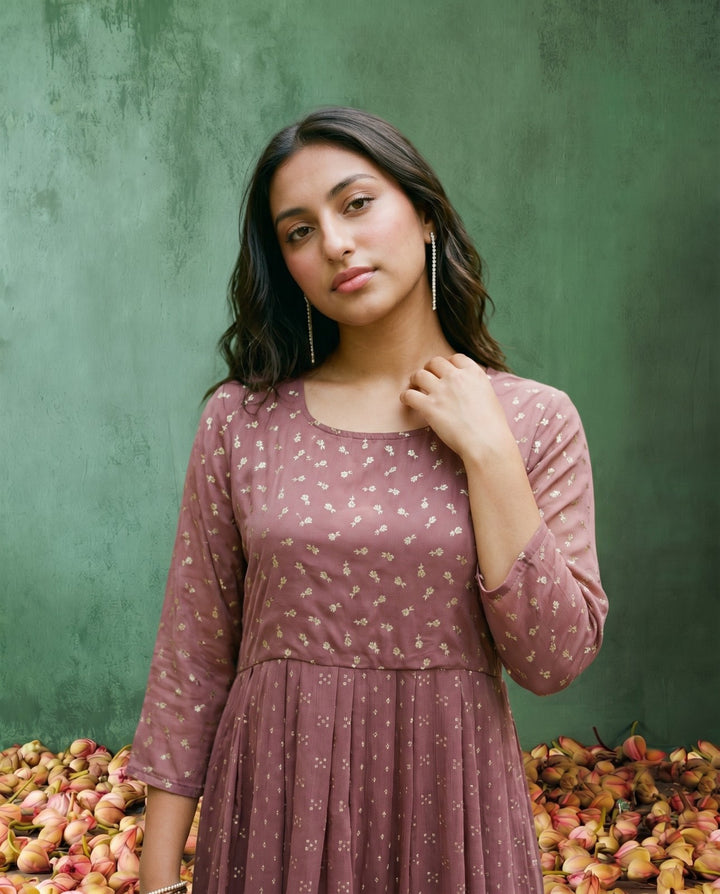 Peach Printed Georgette Maxi Dress