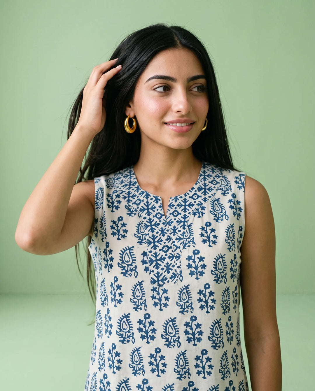 Blue Printed Pure Cotton Hand-Block Printed Midi Dress
