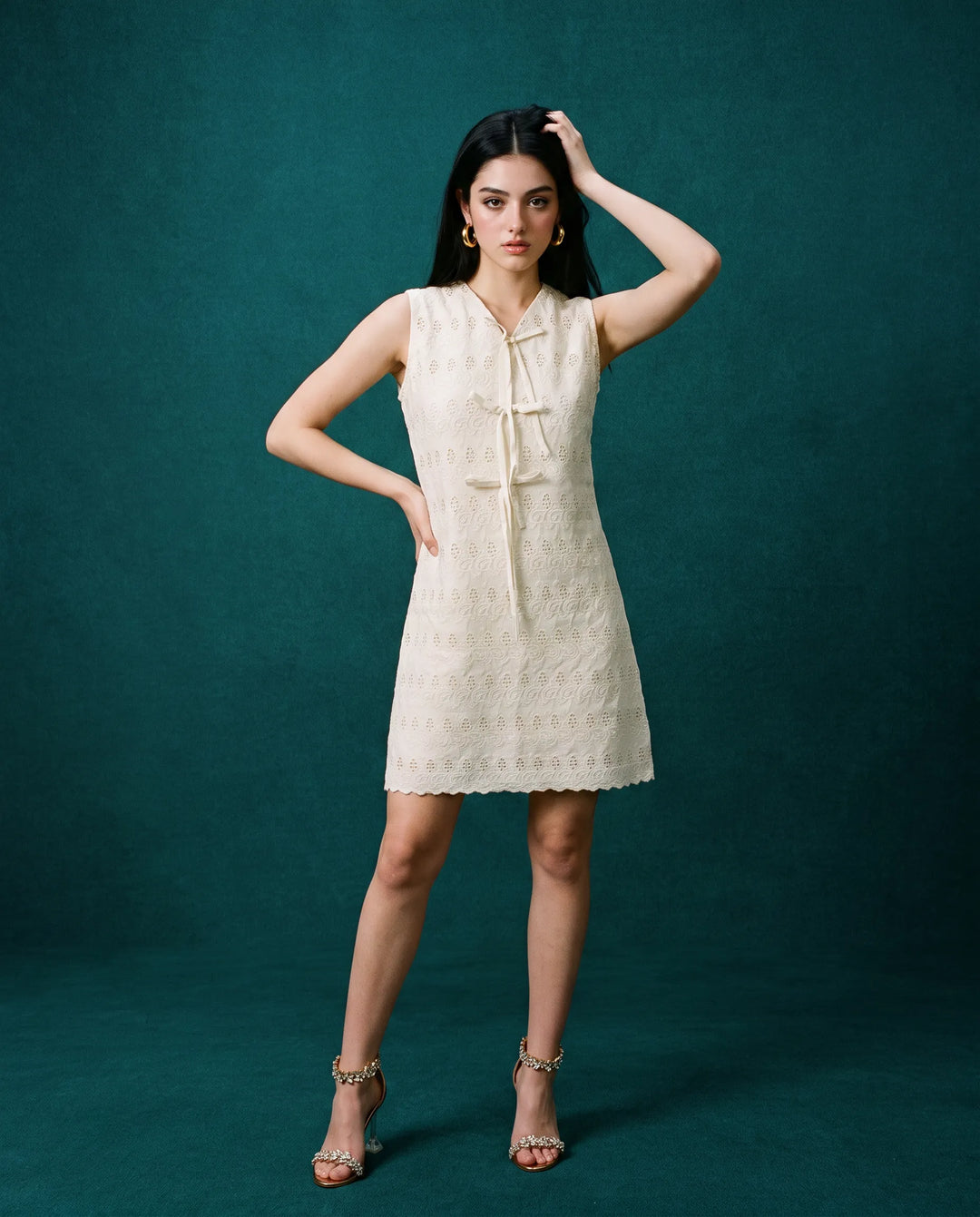 Cream Embroidered Korean Style Cotton Midi Dress