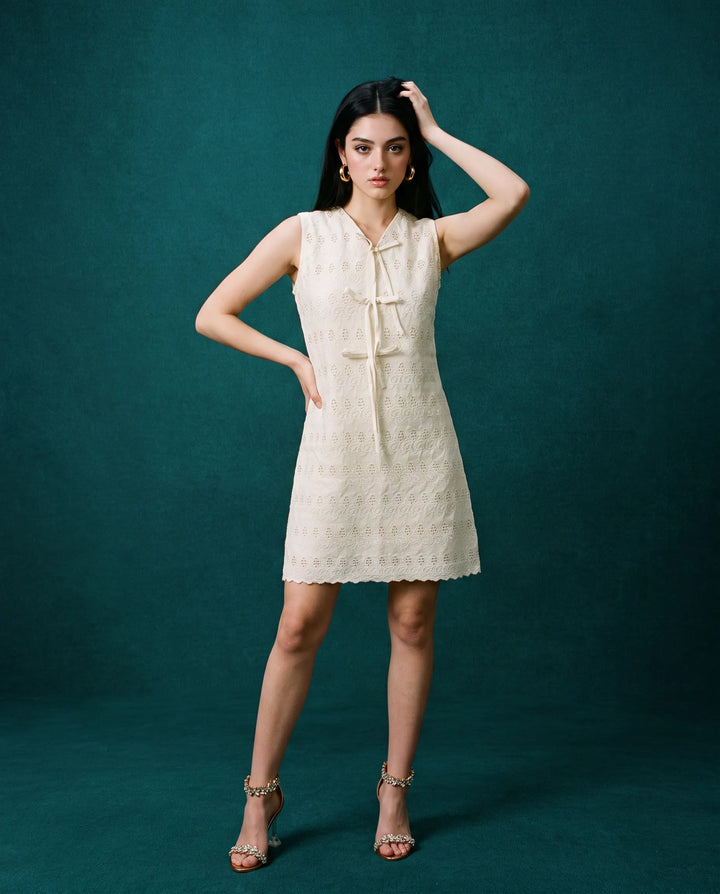 Cream Embroidered Korean Style Cotton Midi Dress
