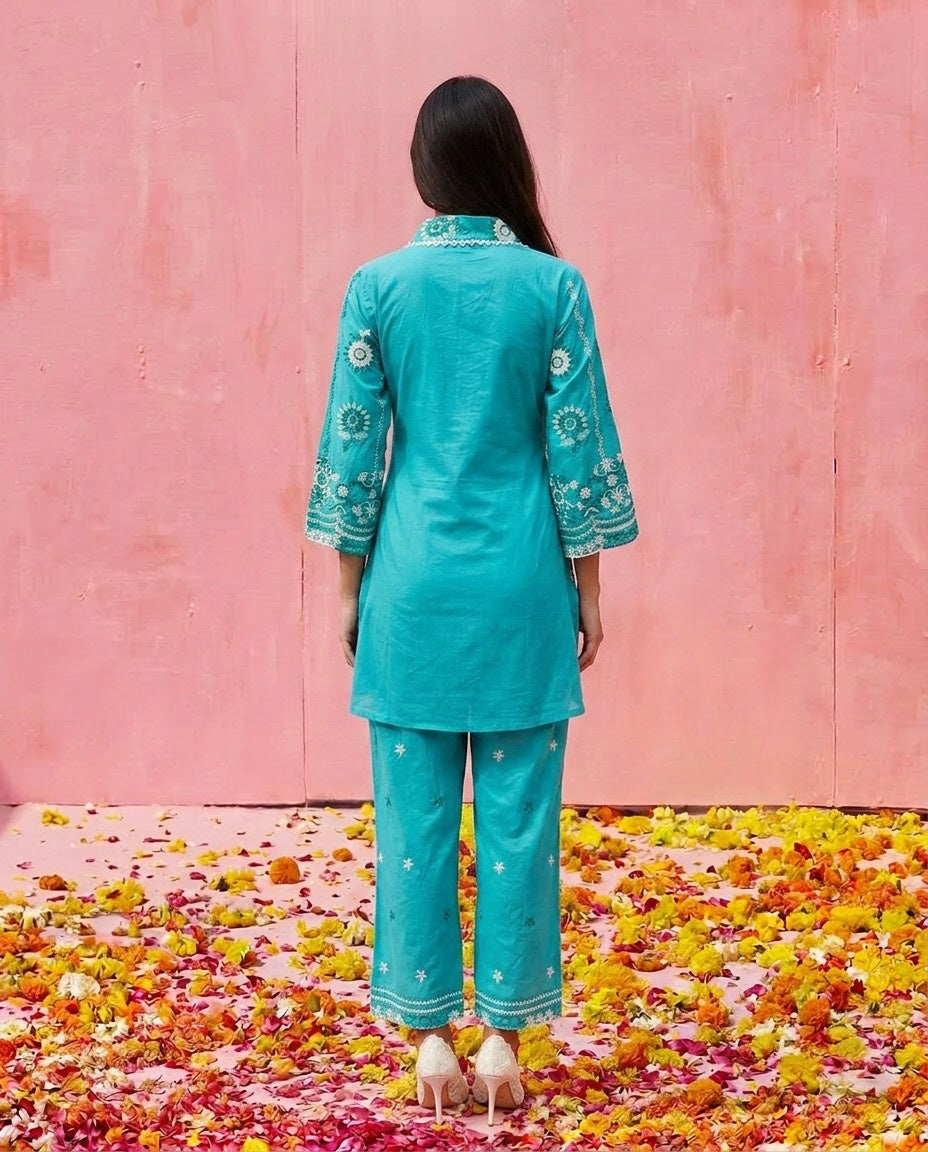 Turquoise Embroidered Cotton Satin Co-Ord Set
