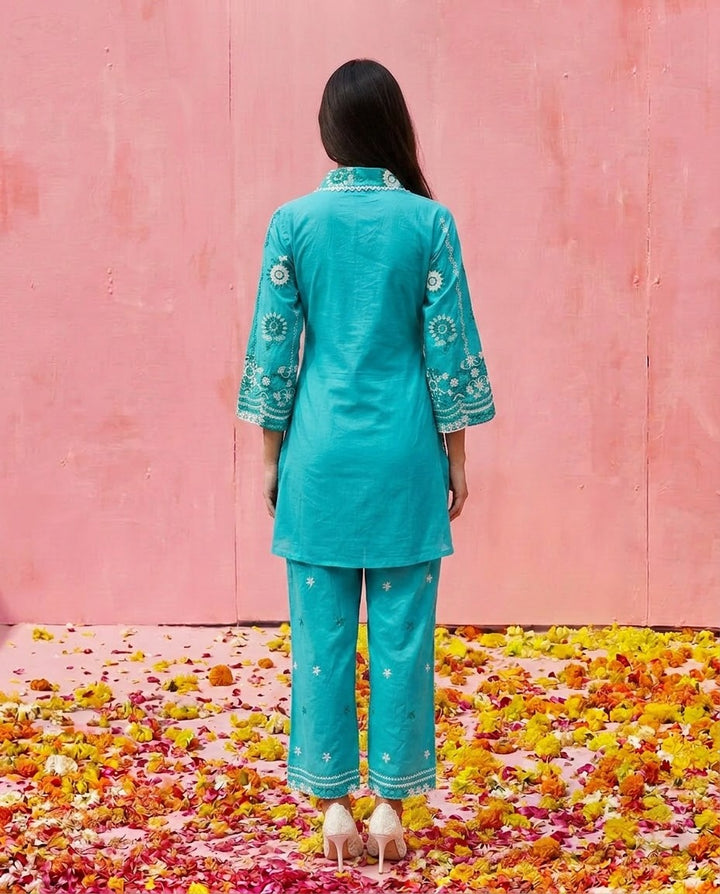 Turquoise Embroidered Cotton Satin Co-Ord Set