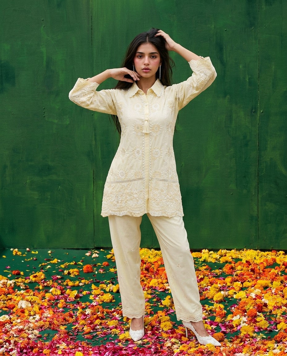 Yellow Embroidered Cotton Satin Co-Ord Set