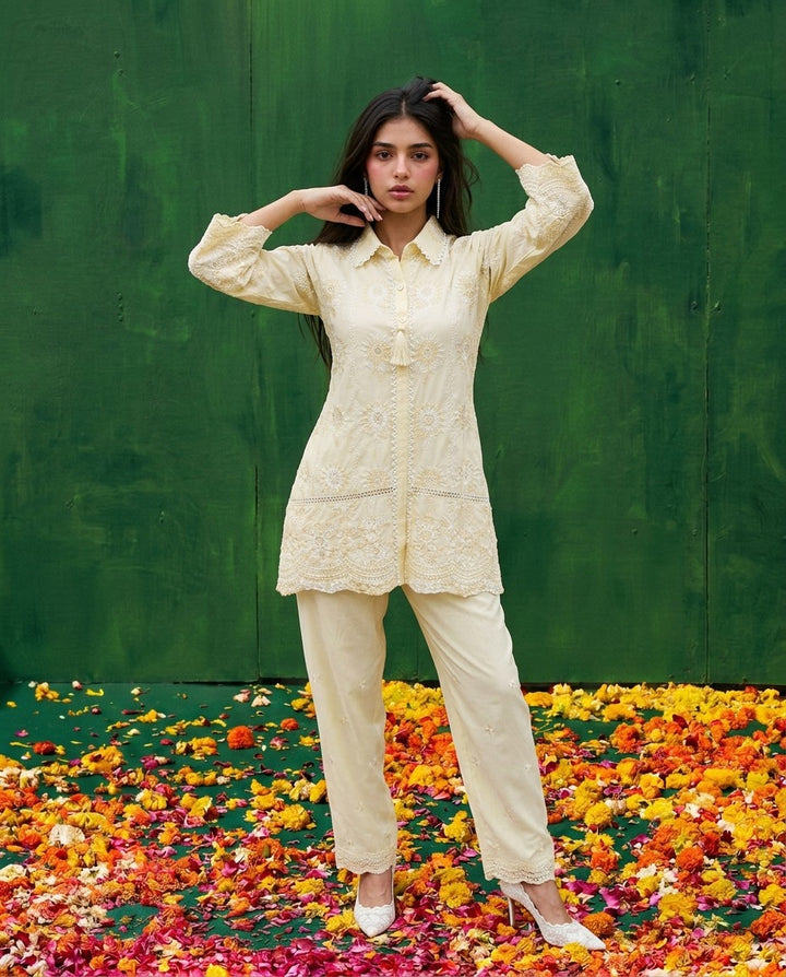 Yellow Embroidered Cotton Satin Co-Ord Set