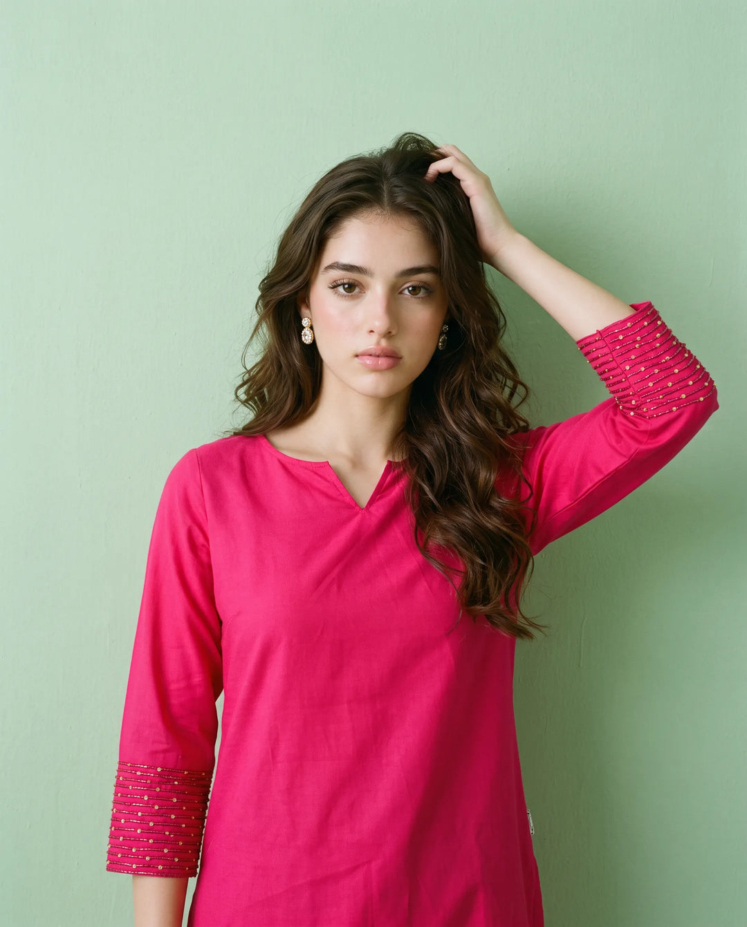 Magenta Embroidered Cotton Short Kurti