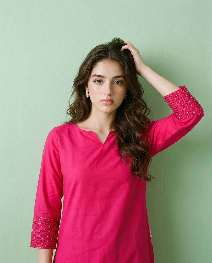 Magenta Embroidered Cotton Short Kurti
