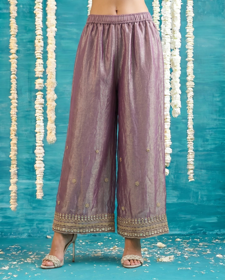 Purple Embriodered Silk Blended Spaghetti Strap Kurta Bottom Dupatta Set