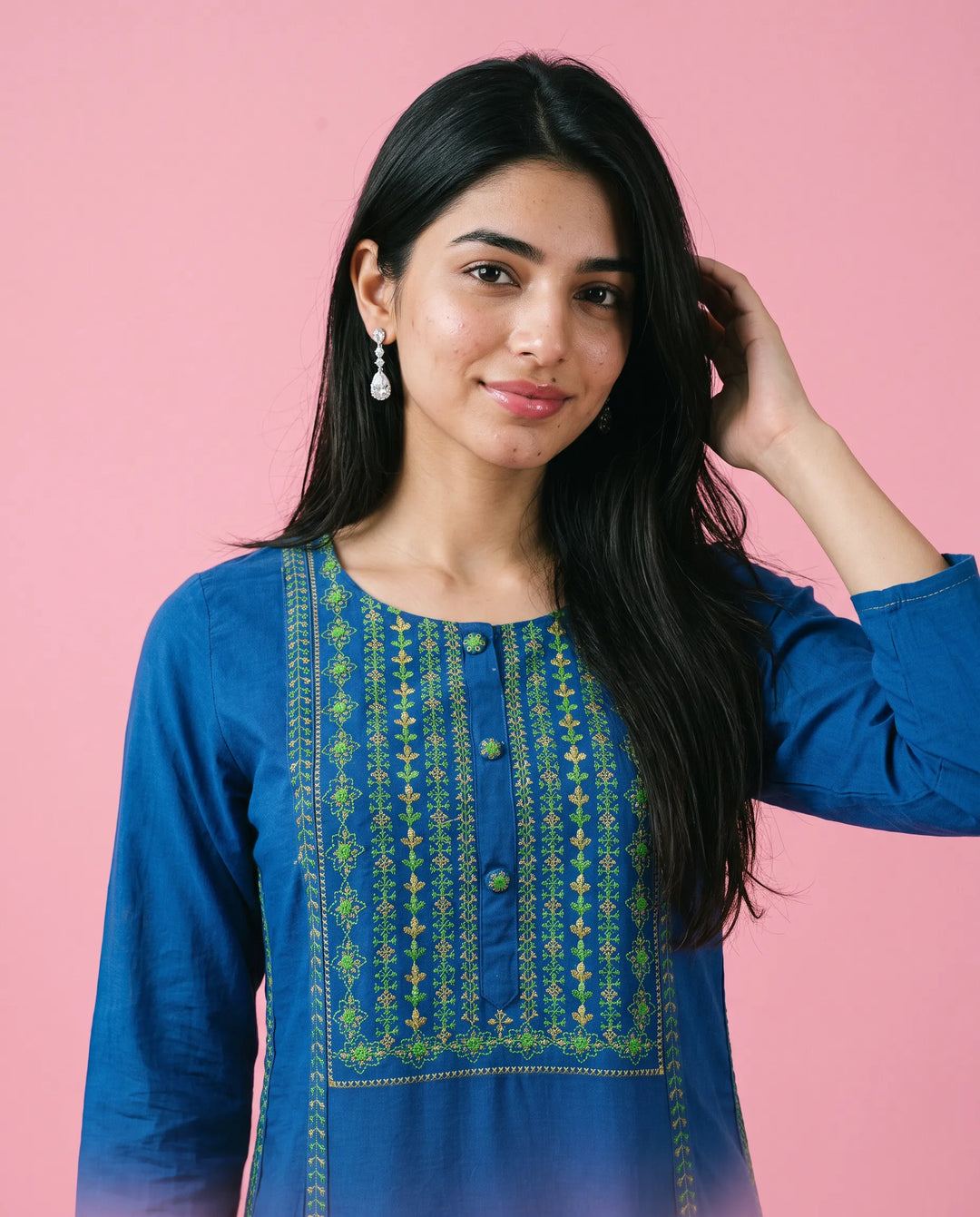 Navy Embroidered Rayon Straight Cut Long Kurta