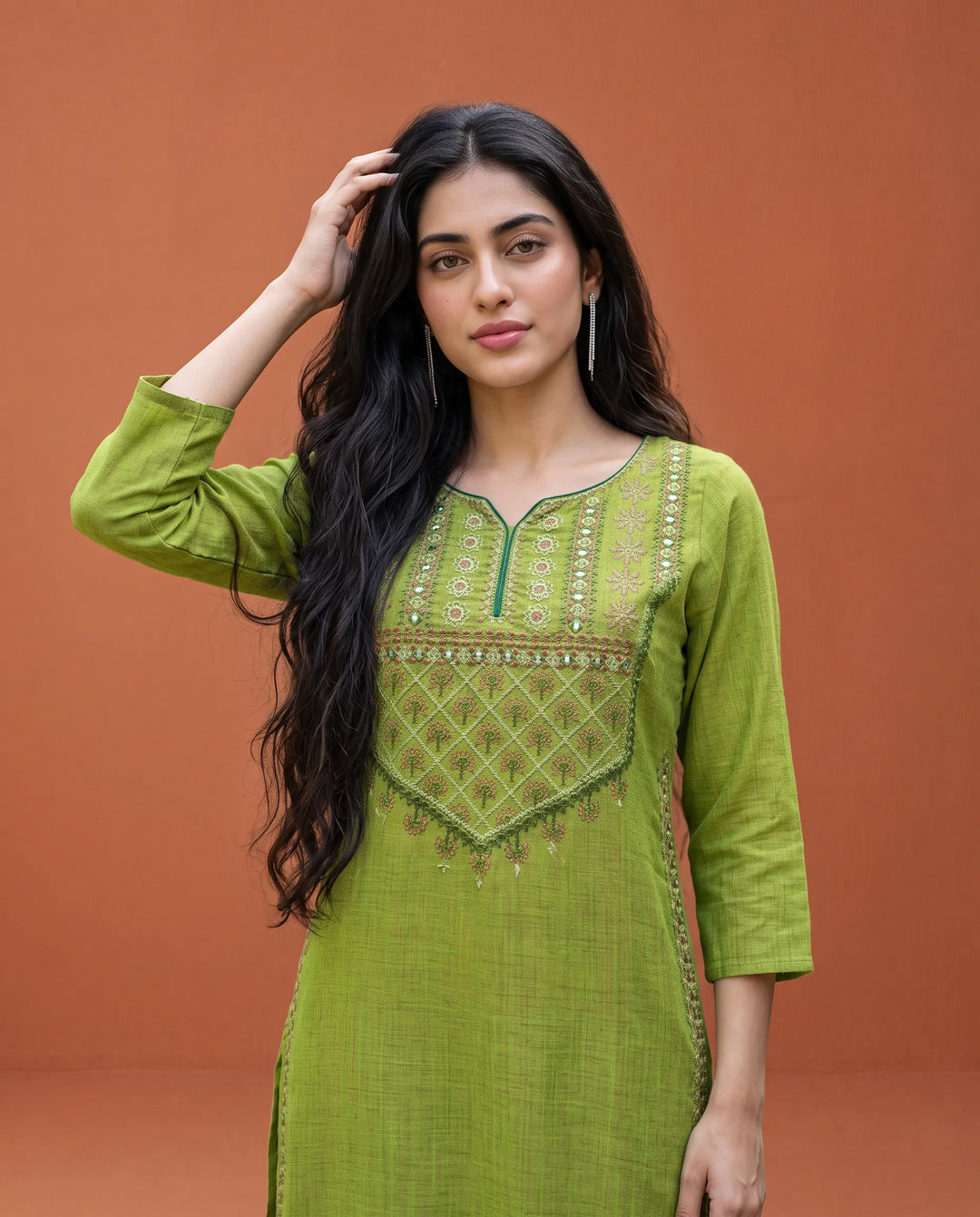 Green Embroidered Cotton Straight cut Long Kurta