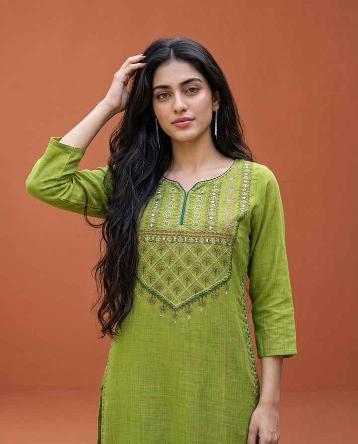 Green Embroidered Cotton Straight cut Long Kurta