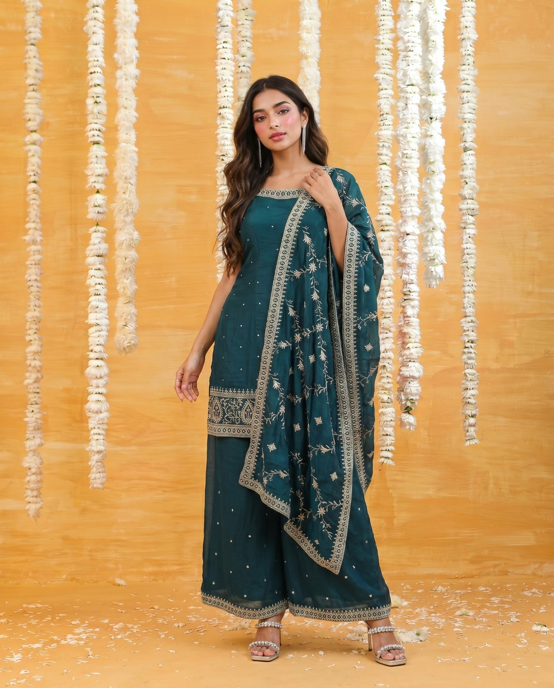 Bottle Green Embriodered Silk Blended Sleeveless Kurta Bottom Dupatta Set
