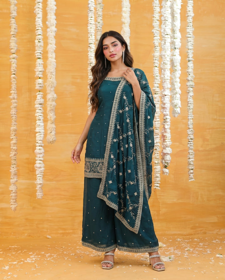 Bottle Green Embriodered Silk Blended Sleeveless Kurta Bottom Dupatta Set