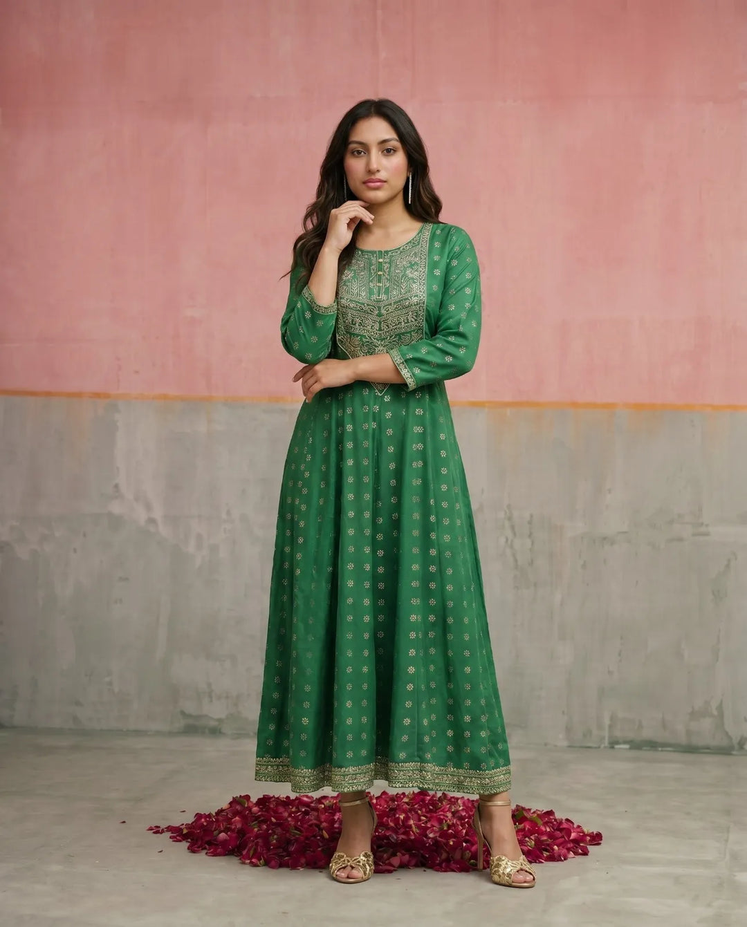 Green Embriodered Rayon Maxi Dress