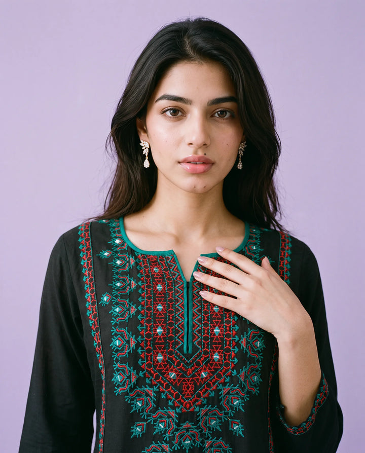 Black Embroidered Cotton Straight cut Long Kurta