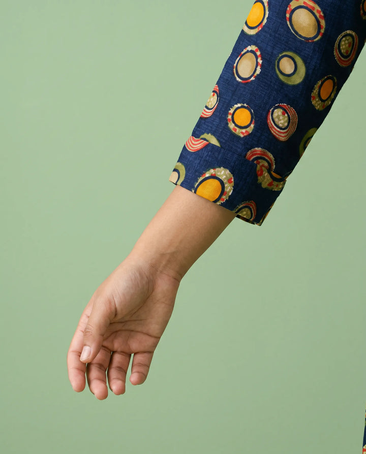 Navy Printed Rayon Maxi Dress
