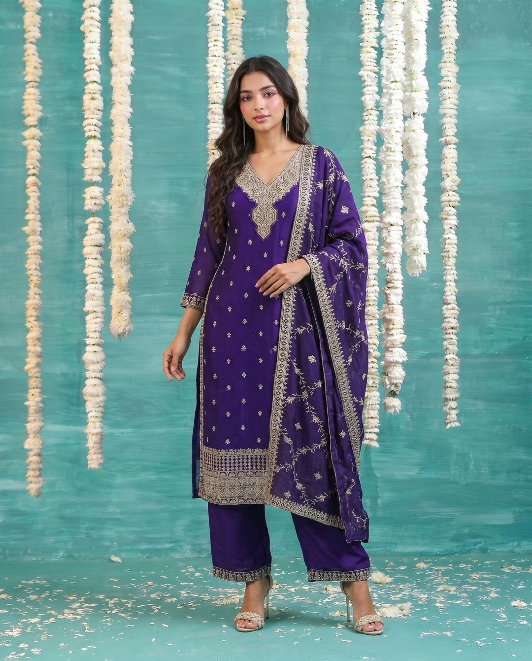 Purple Embriodered Silk Blended Kurta Bottom Dupatta Set