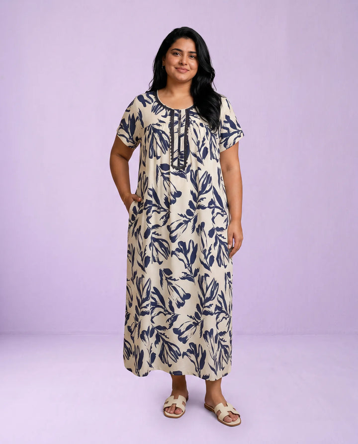 Navy Printed Super Soft Rayon Night Dress / Home Wear