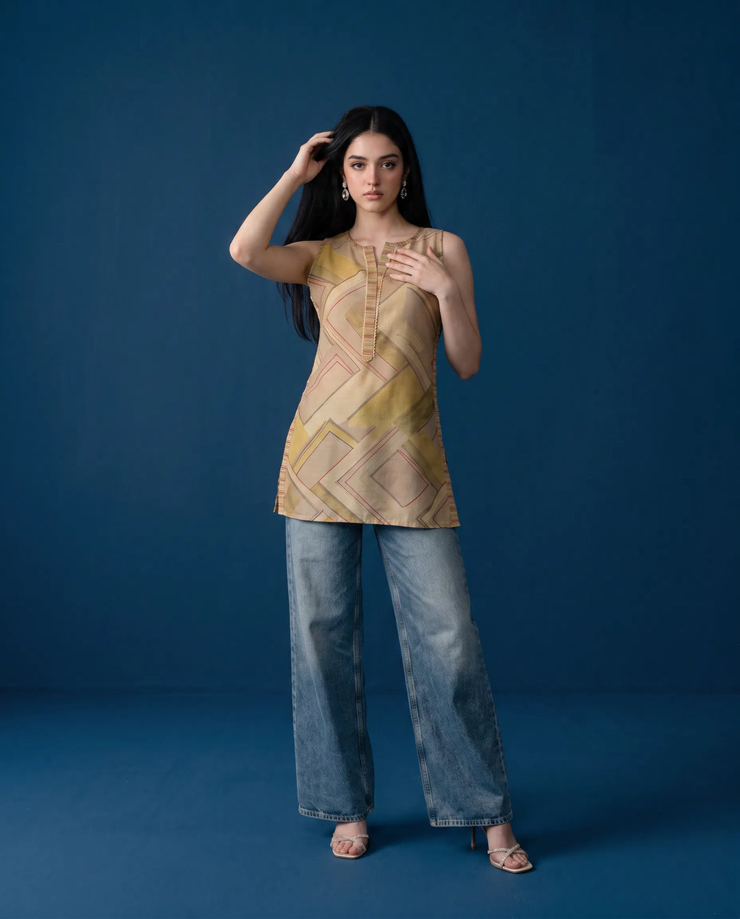 Beige Printed Cotton Blended Sleeveless Short Kurti