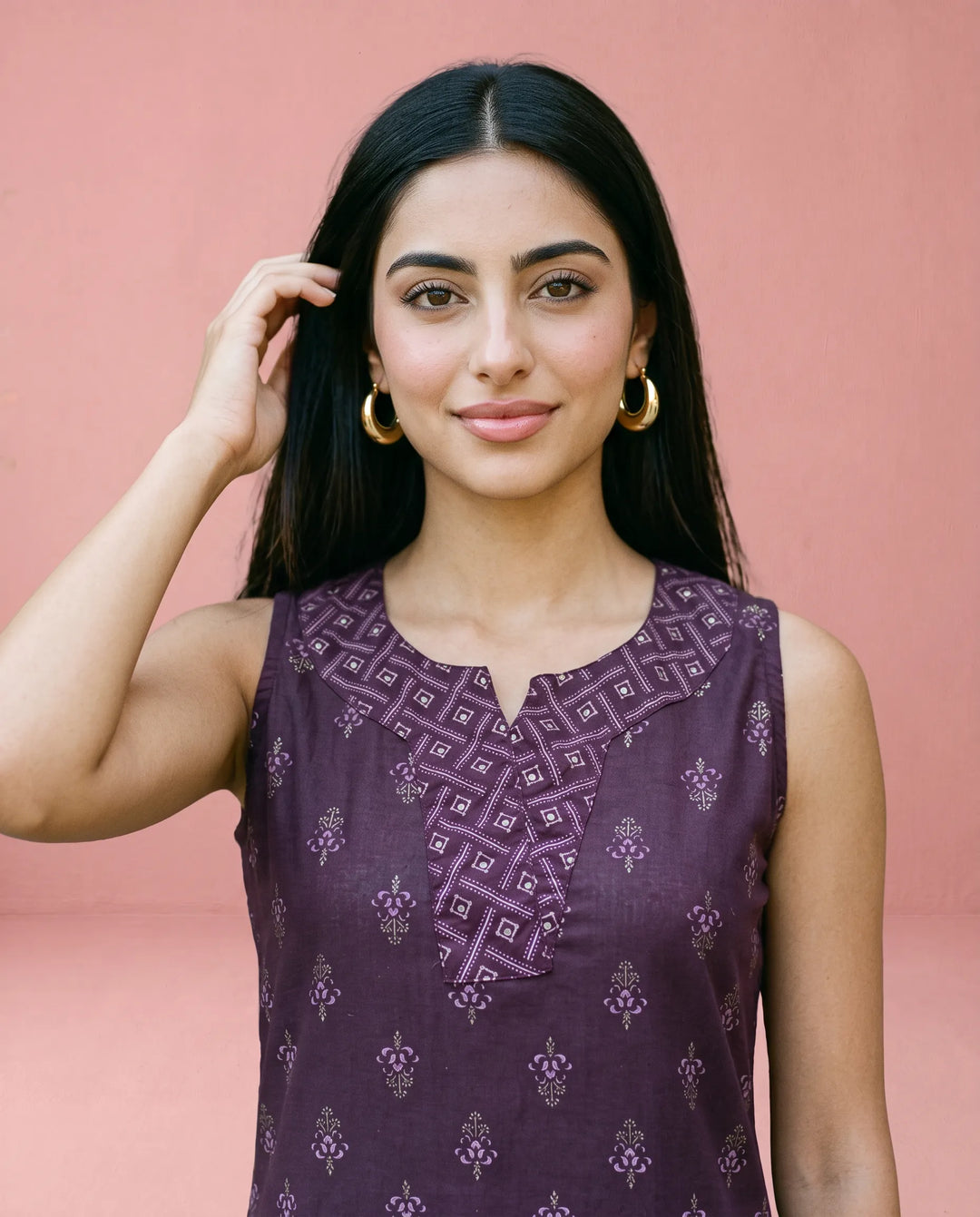 Purple Printed Cotton Midi Dress