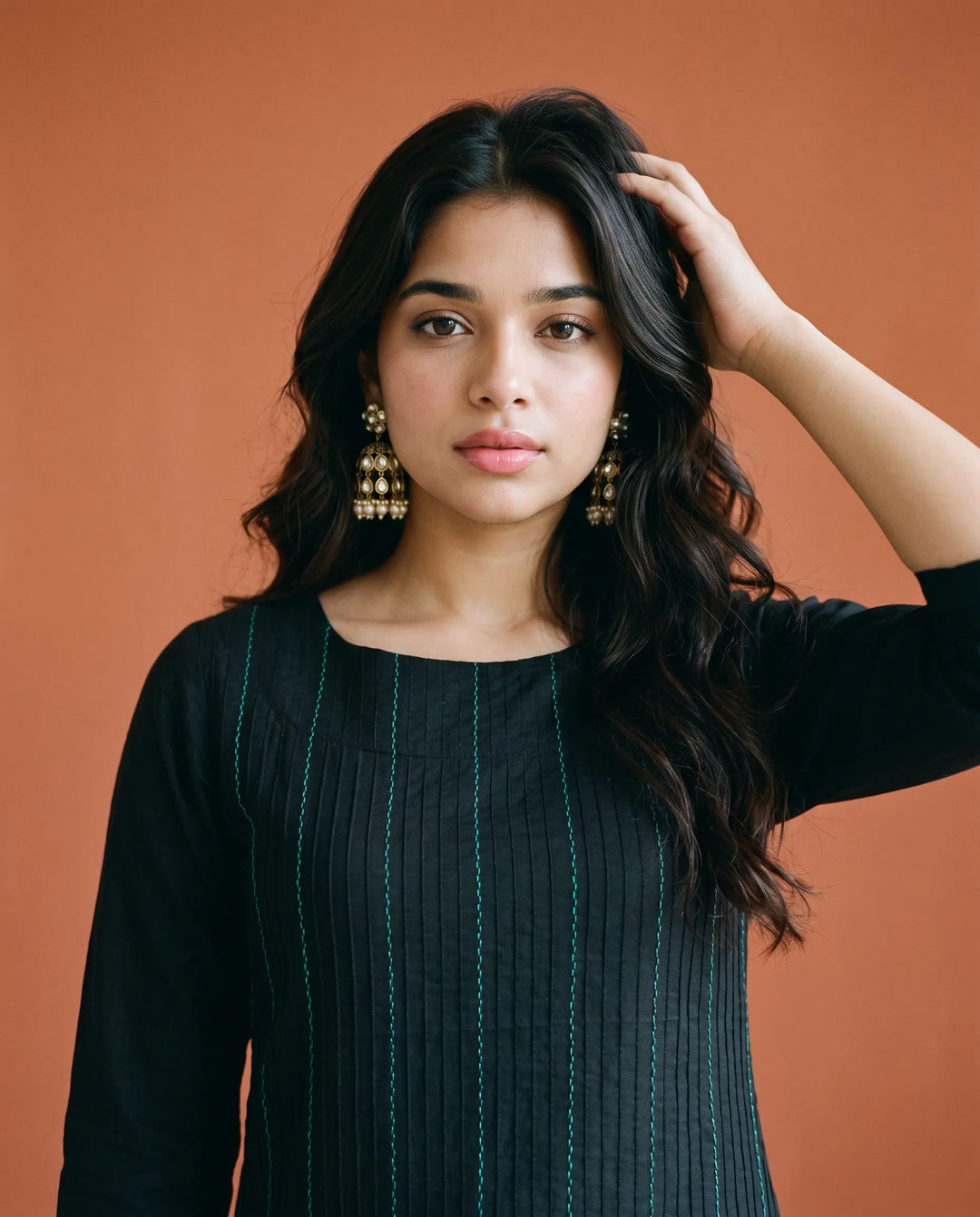 Black Embroidered Cotton Straight cut Long Kurta