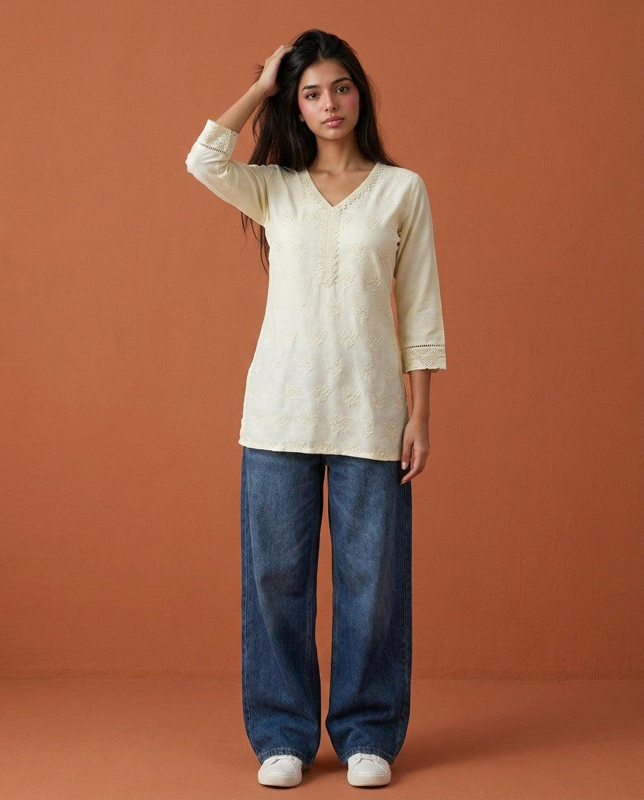 Cream Embriodered Cotton Short Kurti