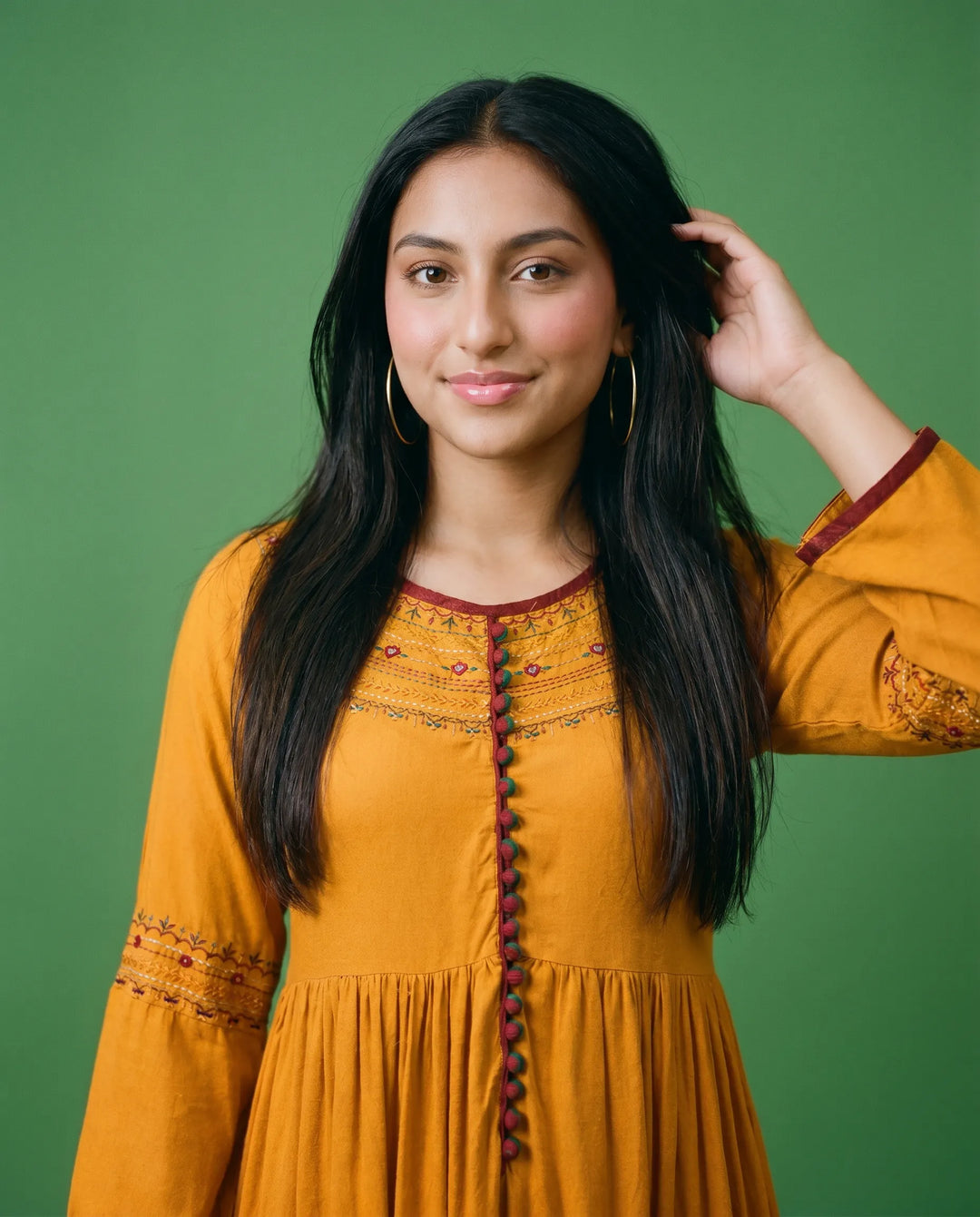 Mustard Embriodered Cotton Maxi Dress
