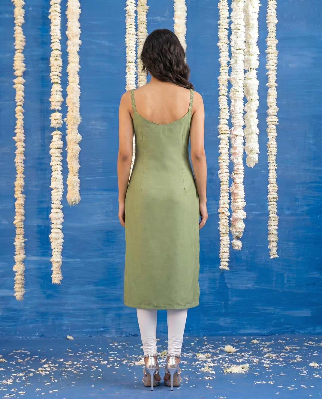 Green Embroidered Viscose Blended Spaghetti Strap Straight Cut Long Kurta