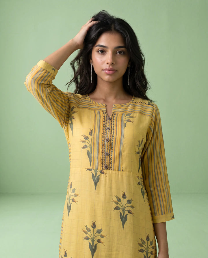 Yellow Printed Cotton Straight cut Long Kurta