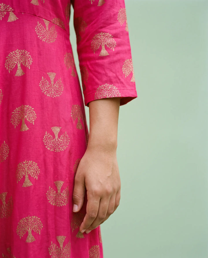 Magenta Printed Rayon Maxi Dress