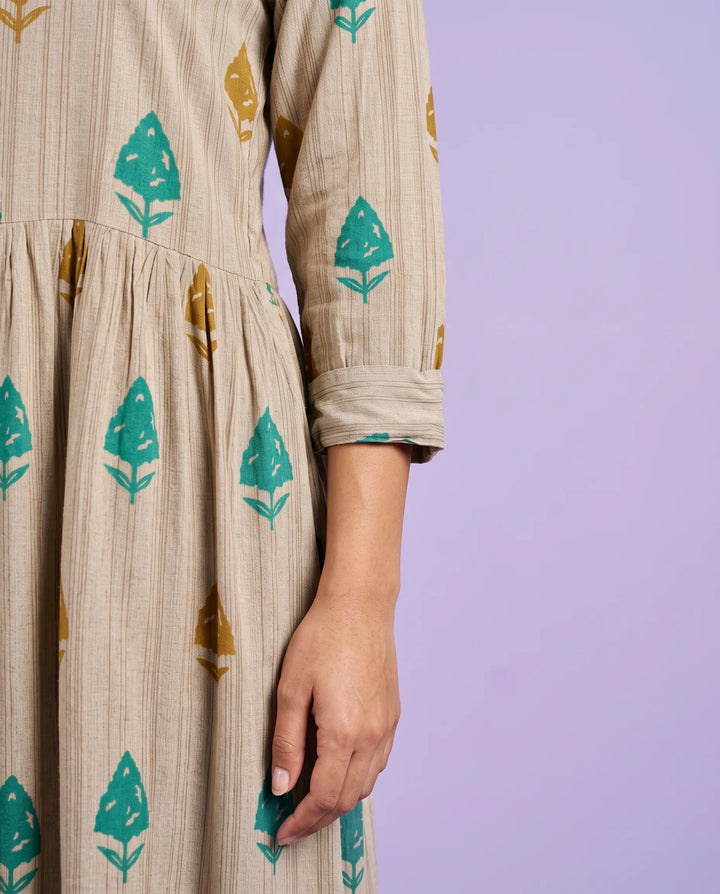 Beige Printed Cotton Maxi Dress