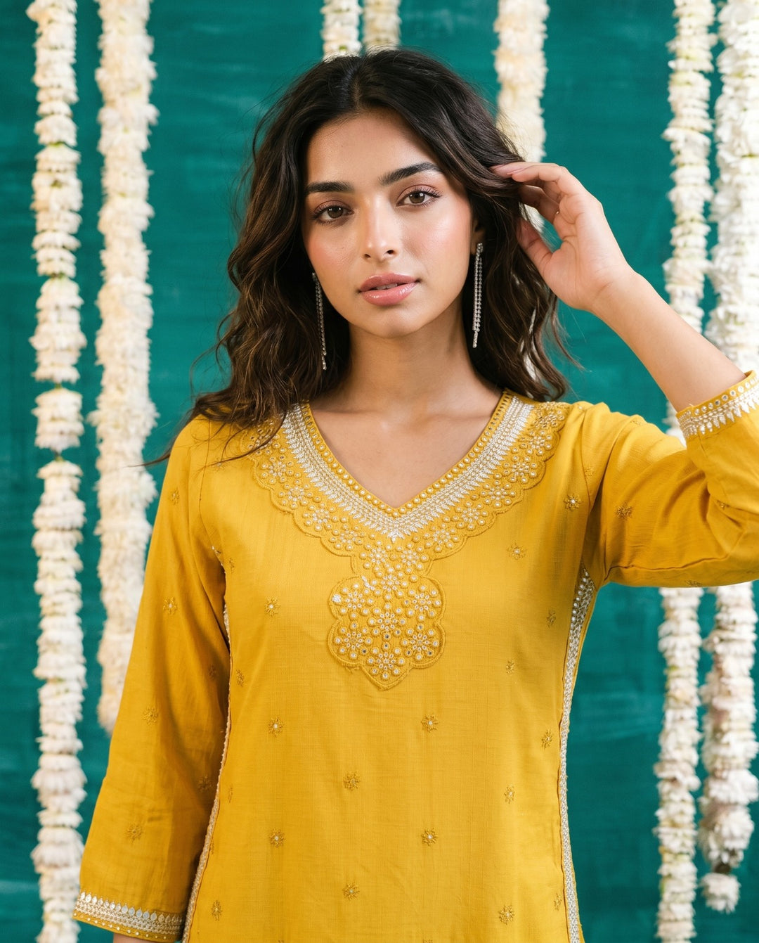 Mustard Embroidered Viscose Blended Straight cut Long Kurta