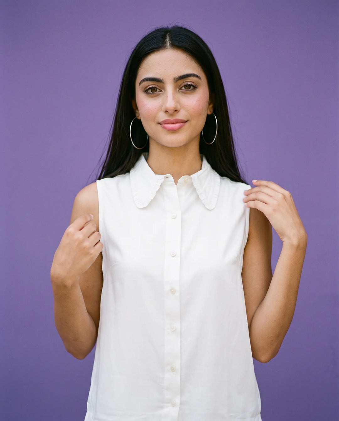 White Solid Cotton Satin Sleeveless Top
