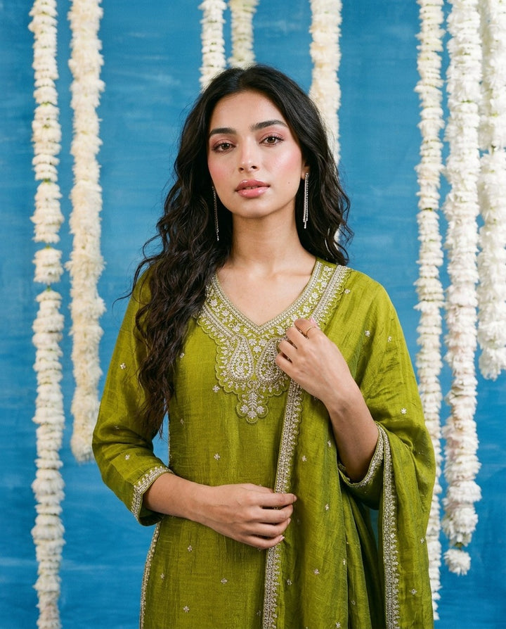 Olive Embriodered Silk Blended Kurta Bottom Dupatta Set