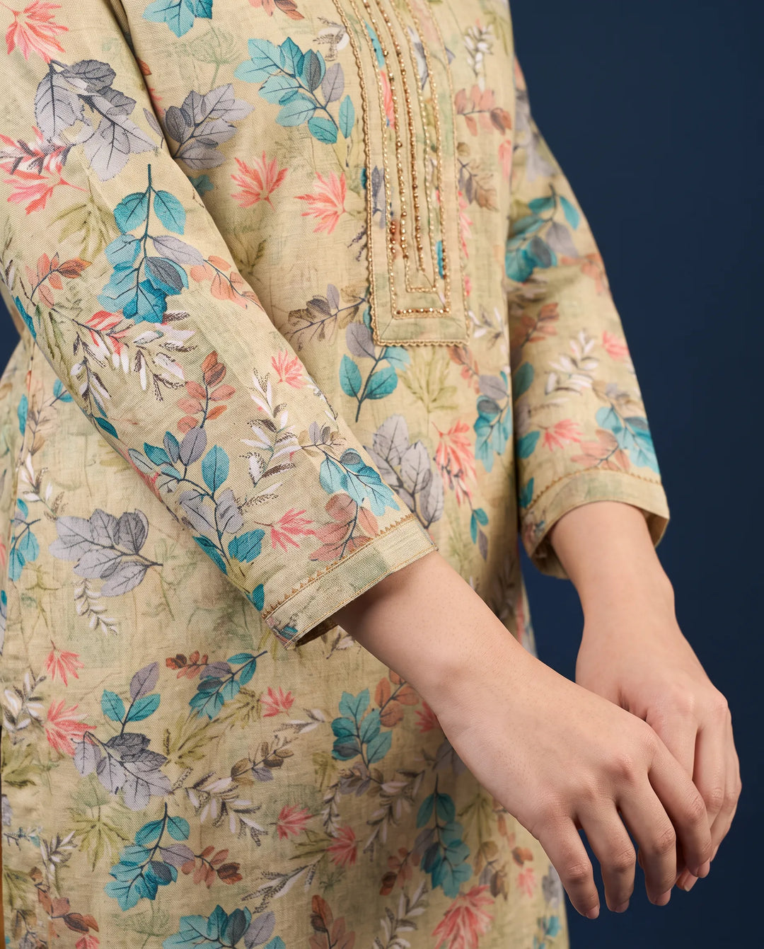 Beige Printed Cotton Blended Short Kurti