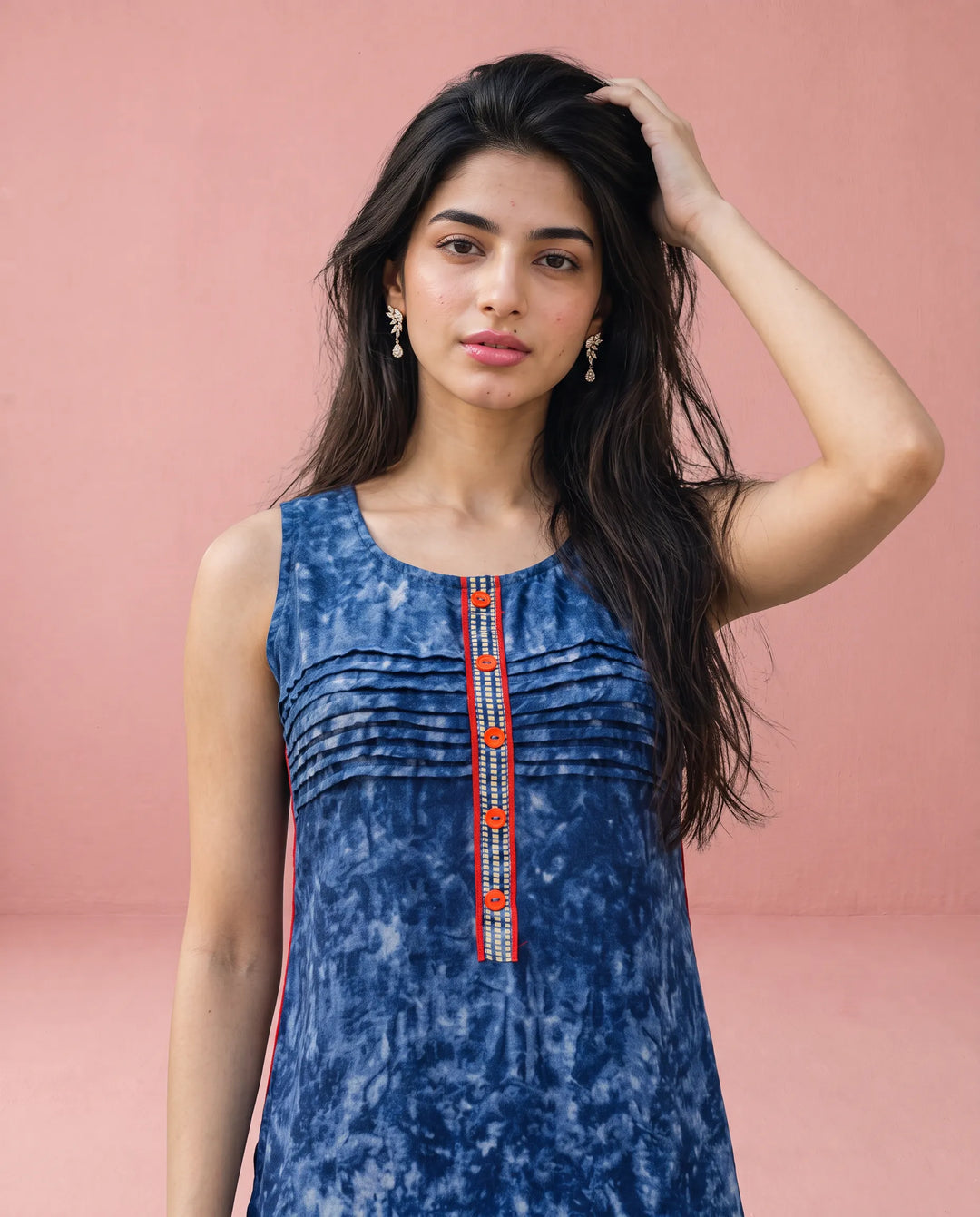 Navy Printed Viscose Blended Straight cut Long Kurta
