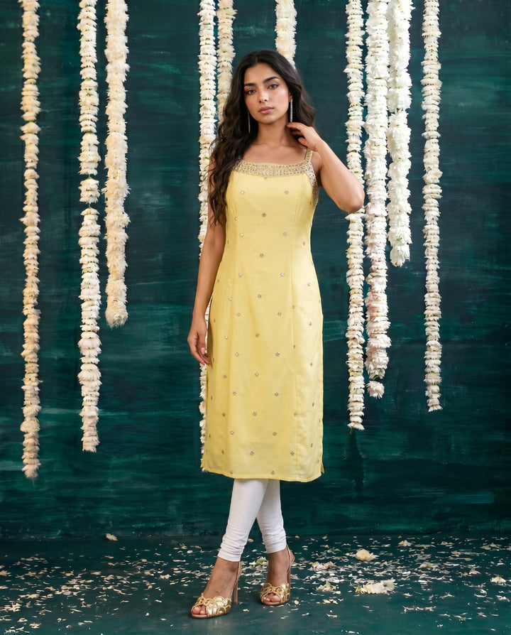 Yellow Embroidered Viscose Blended Spaghetti Strap Straight Cut Long Kurta