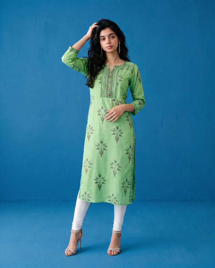 Green Printed Cotton Straight cut Long Kurta
