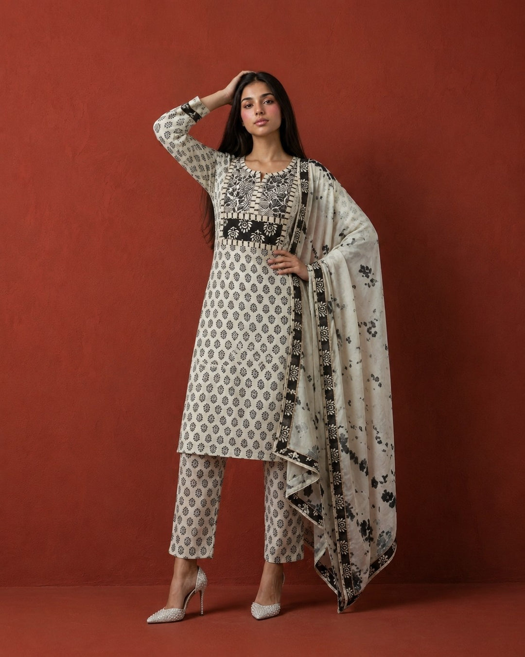 White Printed Cotton Kurta Bottom Dupatta Set