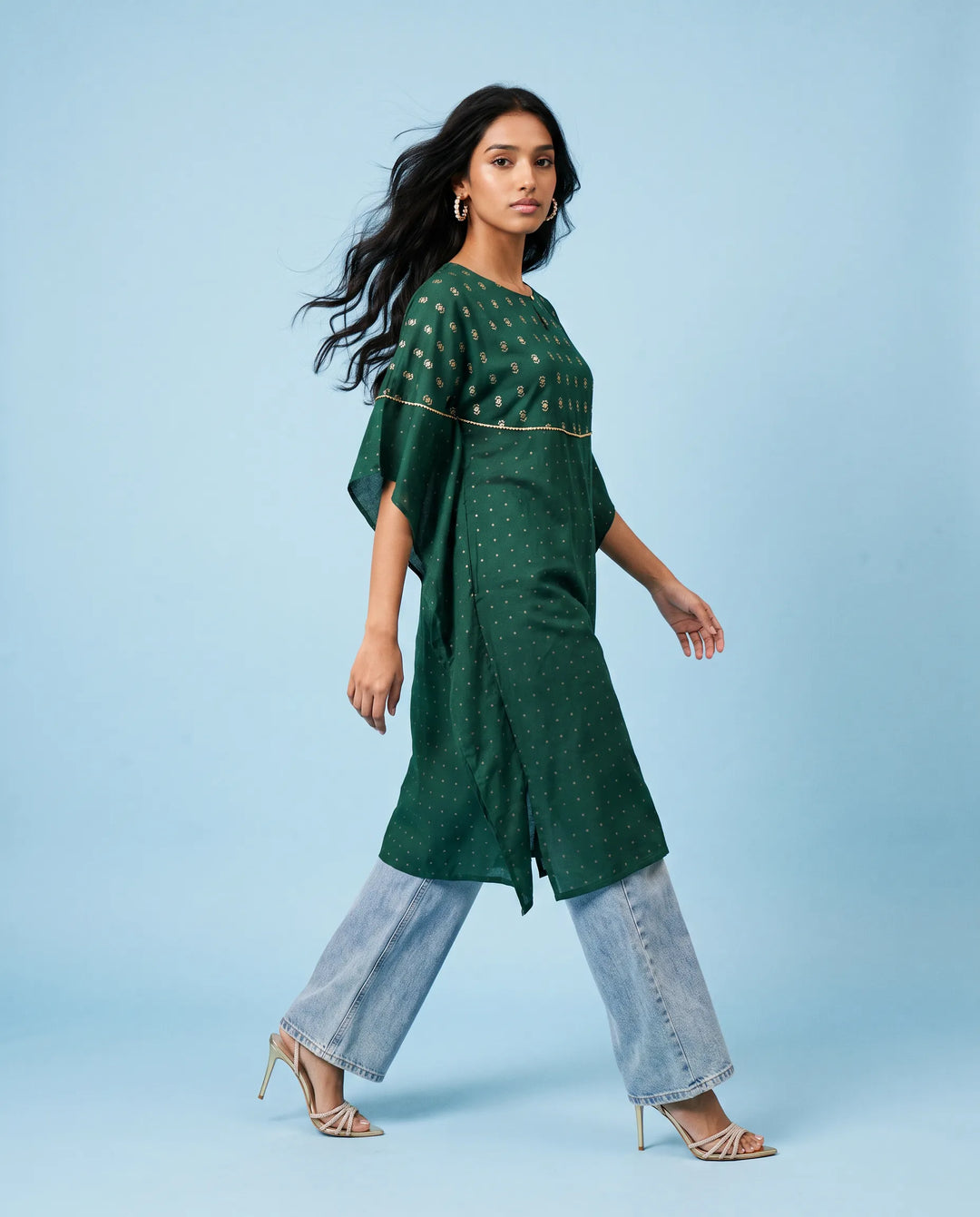 Green Printed Viscose Blended Kaftan