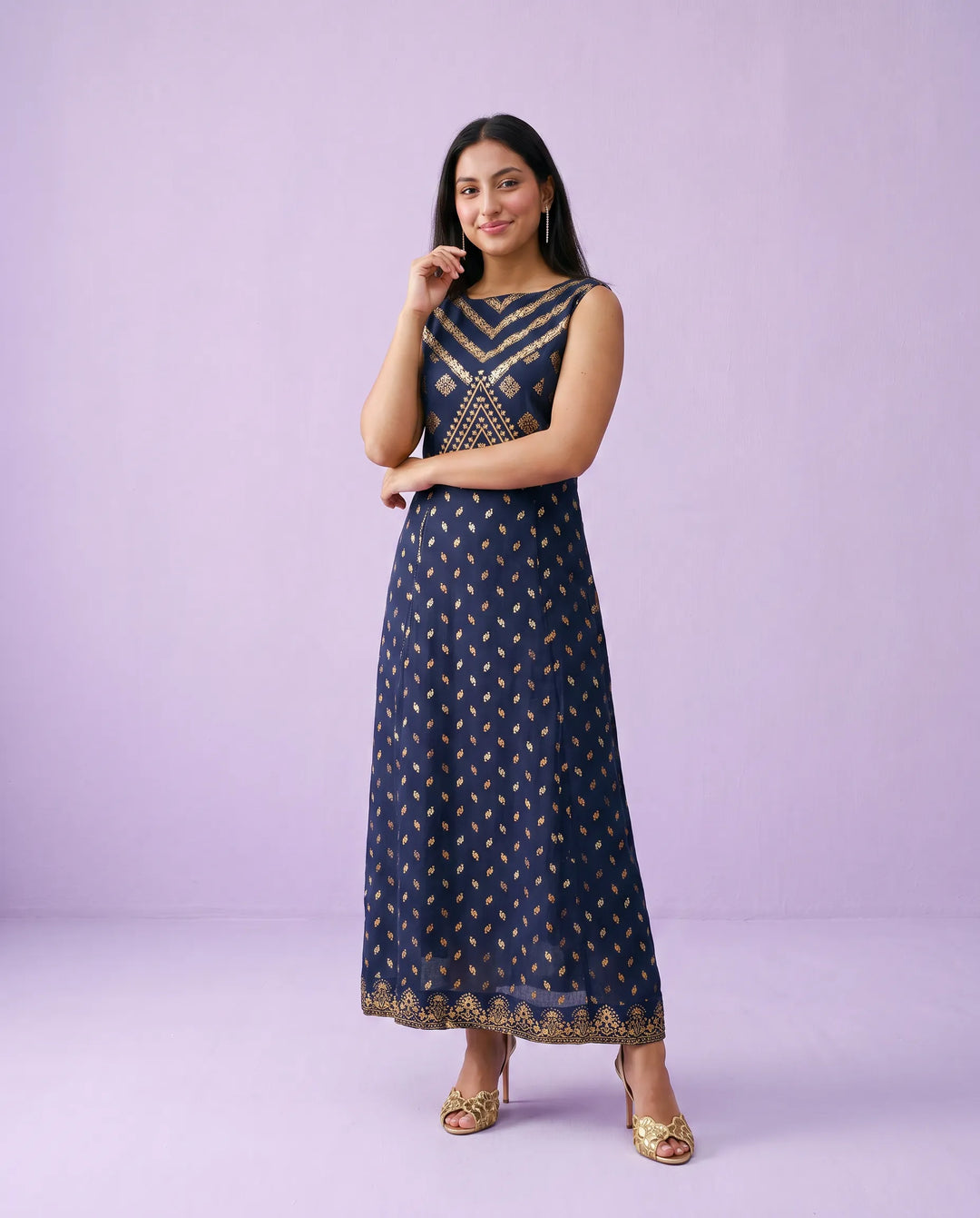 Navy Printed Rayon Sleeveless Maxi Dress