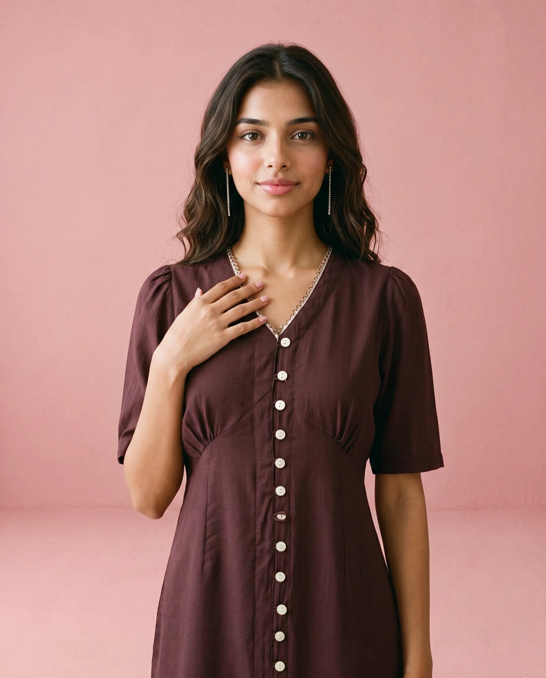 Wine Solid Viscose Blended Midi Dress